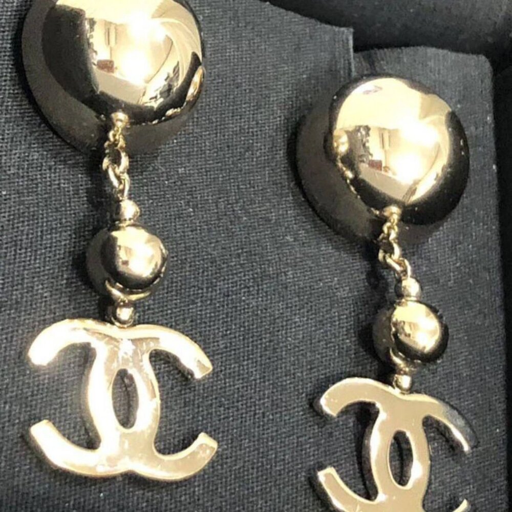 Chanel Cc Logos Ball Drop Dangle Stud Earrings Go… - image 3